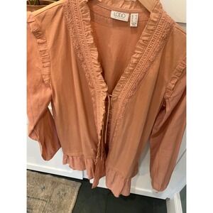 LOGO Lori Goldstein Dusty Peach Ruffle Lace Tie Front Cardigan Top XS